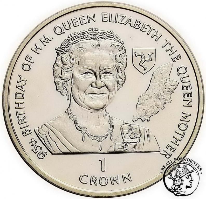 Isle of Man 1 Crown - Elizabeth II Queen Mother; Silver Proof reverse