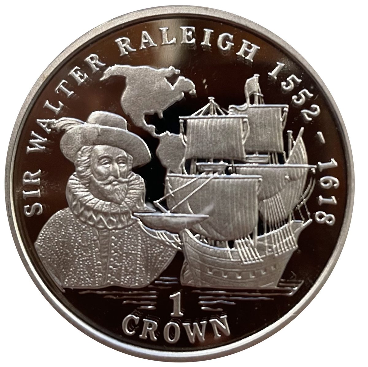 Isle of Man 1 Crown - Elizabeth II Sir Walter Raleigh; Silver Proof reverse