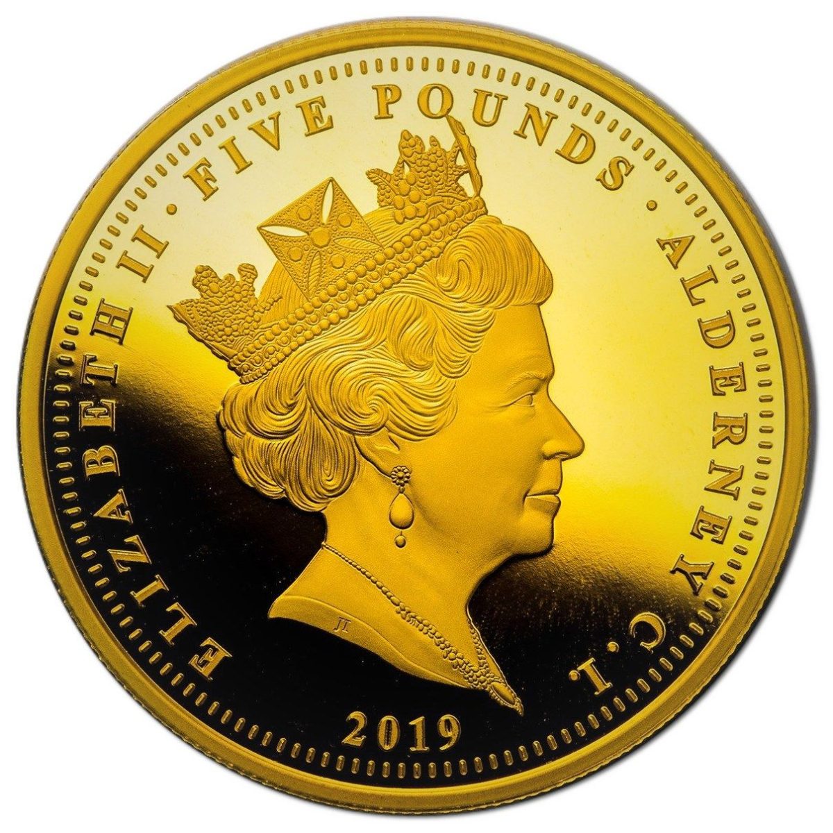 Alderney 5 Pounds - Elizabeth II Una and the Lion; 22ct obverse