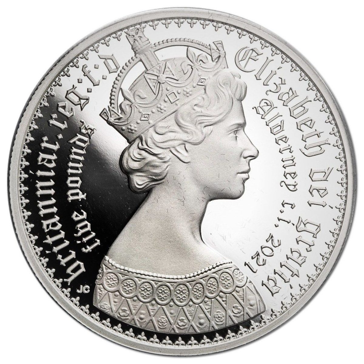 Alderney 5 Pounds - Elizabeth II Gothic - Quartered Arms; Silver obverse