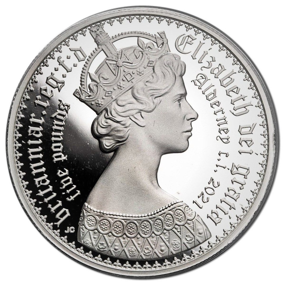 Alderney 5 Pounds - Elizabeth II Gothic - Portrait; Silver obverse