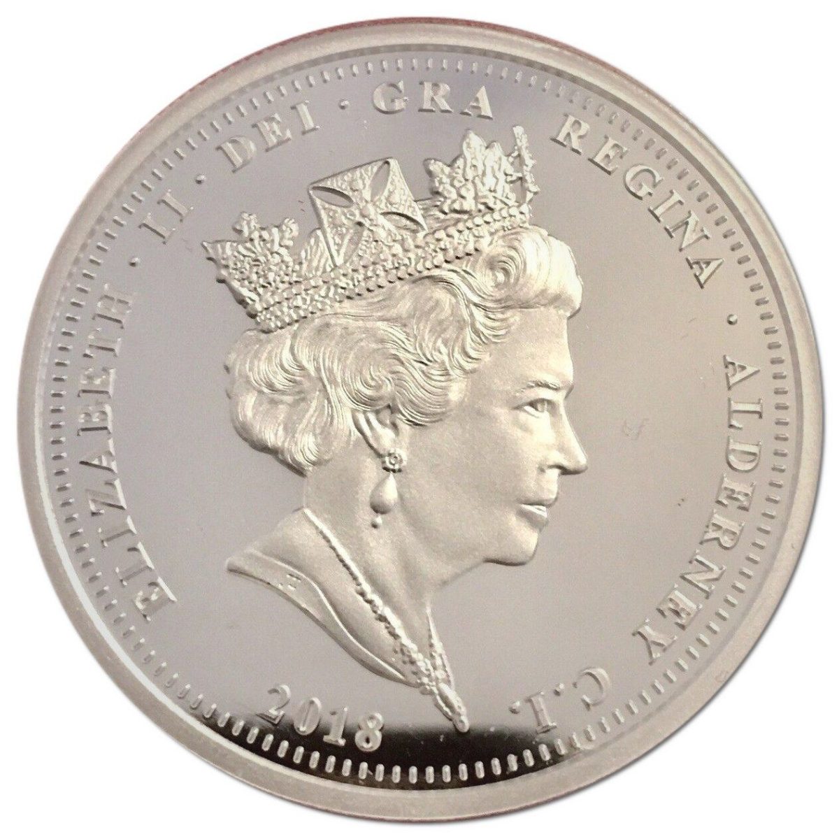 Alderney 5 Pounds - Elizabeth II Sapphire Coronation Jubilee - Orb and Sceptre; Silver plated obverse