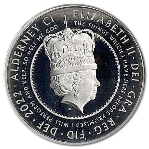 Alderney 5 Pounds - Elizabeth II Platinum Jubilee - Queen on throne obverse