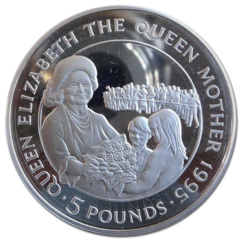 Alderney 5 Pounds - Elizabeth II Queen Mother; Silver Piedfort