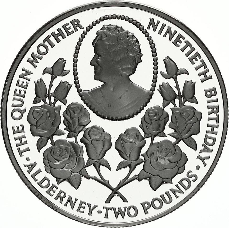Alderney 2 Pounds - Elizabeth II Queen Mother's 90th Birthday; Silver Piedfort