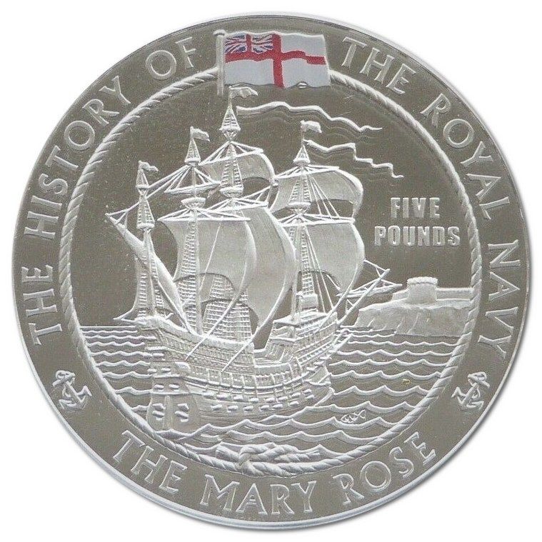 Alderney 5 Pounds - Elizabeth II The Mary Rose; 4th Portrait Silver Proof reverse