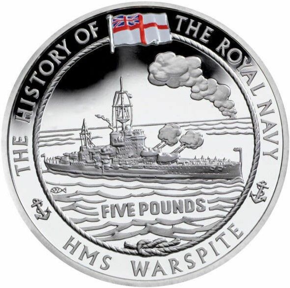 Alderney 5 Pounds - Elizabeth II H.M.S. Warspite; 4th Portrait Silver Proof reverse