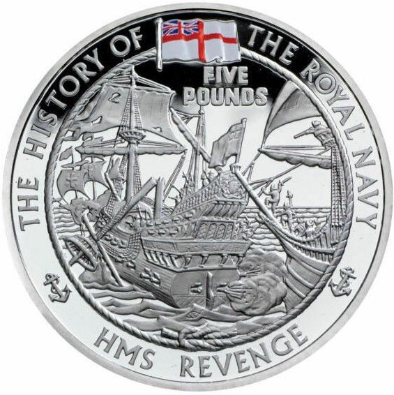 Alderney 5 Pounds - Elizabeth II H.M.S. Revenge; 4th Portrait Silver Proof reverse