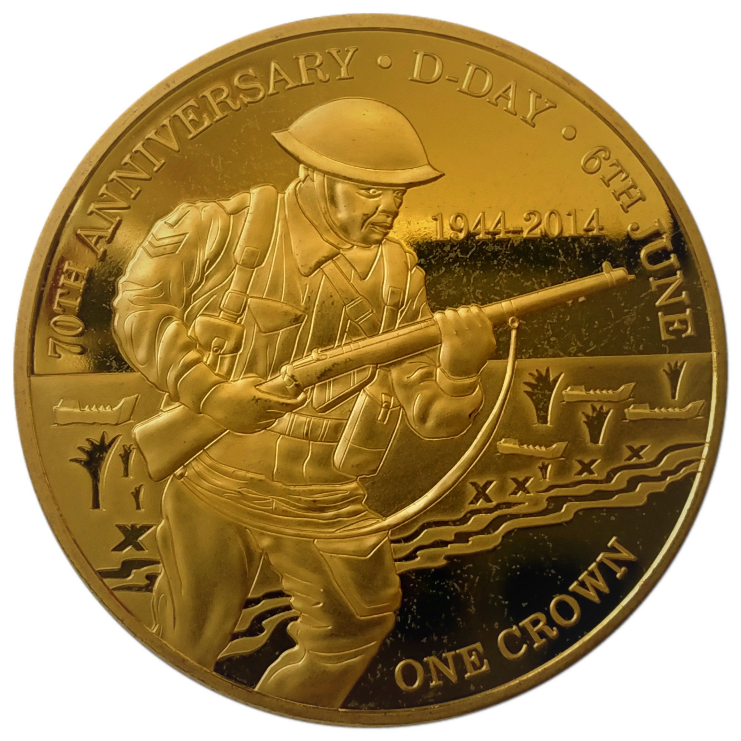 Tristan da Cunha 1 Crown - Elizabeth II D-Day Anniversary; Gold plated copper-nickel reverse