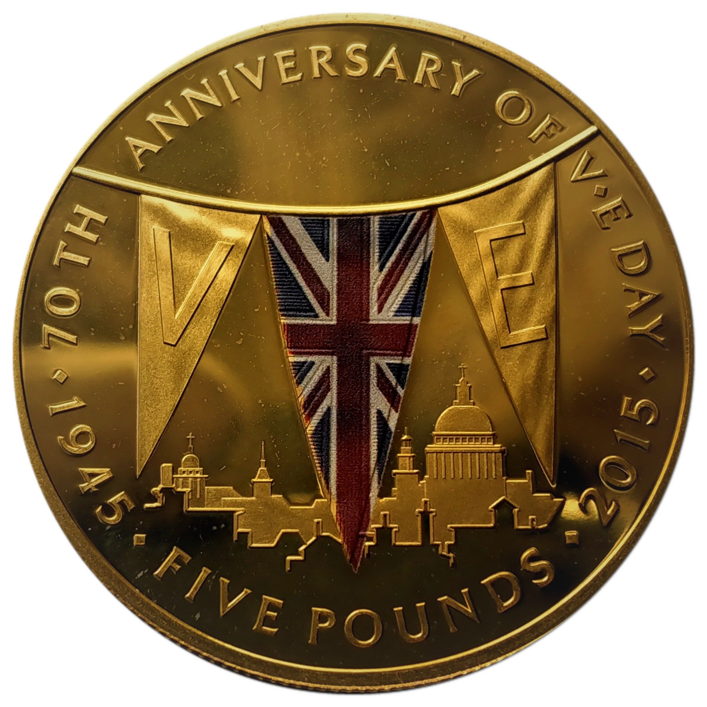 Tristan da Cunha 5 Pounds - Elizabeth II 70th Anniversary of V.E. Day; Gold Plated reverse