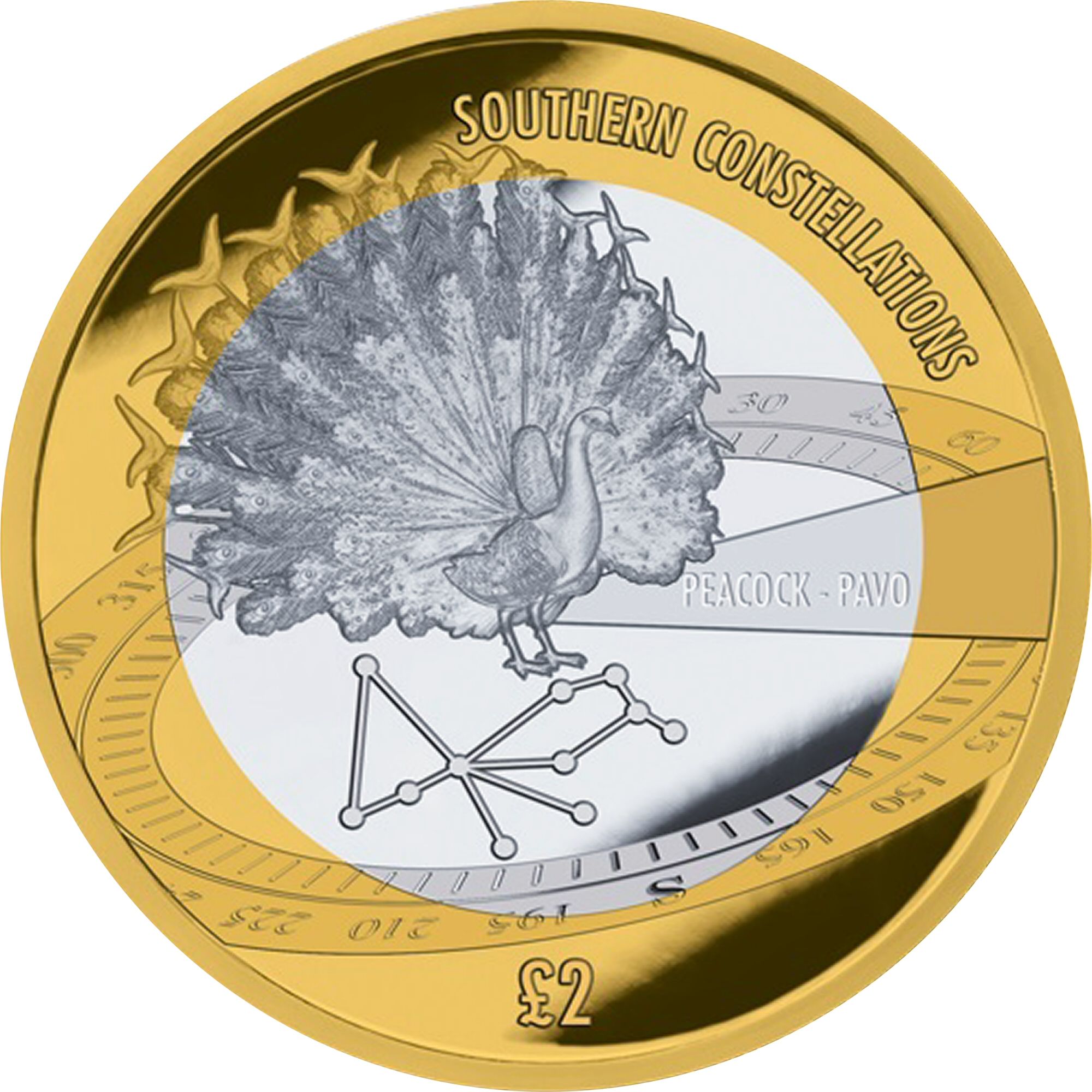 British Antarctic Territory 2 Pounds - Elizabeth II Pavo constellation, the Peacock; Silver reverse