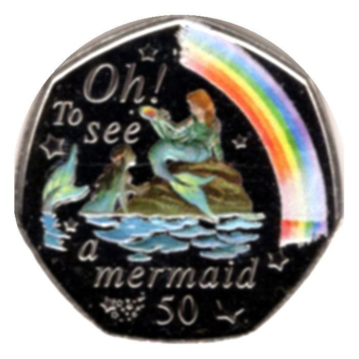 Isle of Man 50 Pence - Elizabeth II The Mermaid; colourised reverse