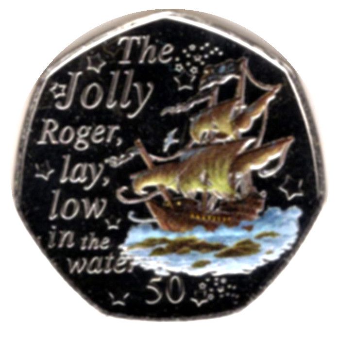 Isle of Man 50 Pence - Elizabeth II The Jolly Roger; colourised reverse