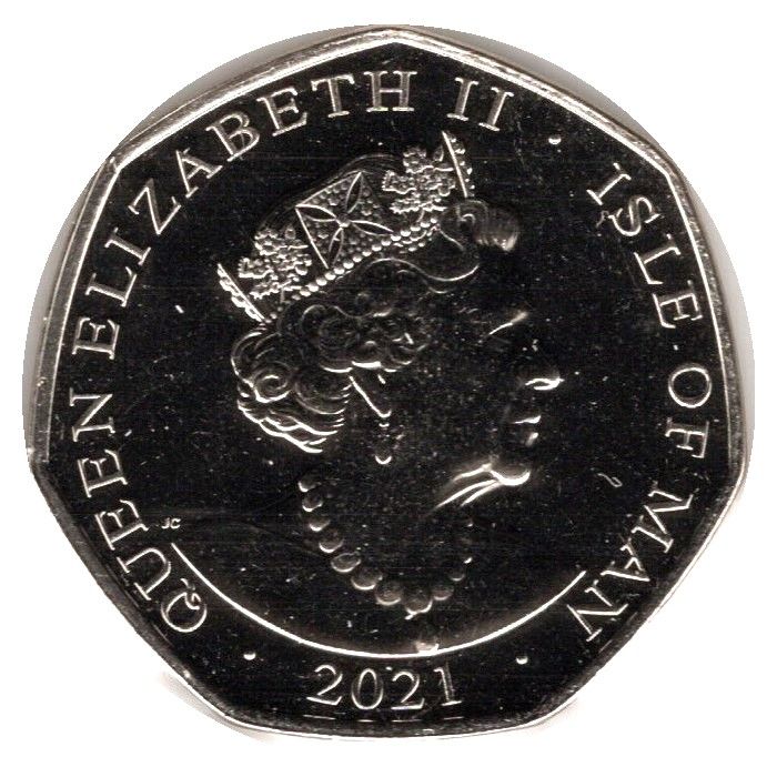 Isle of Man 50 Pence - Elizabeth II The Red Queen; colourised obverse