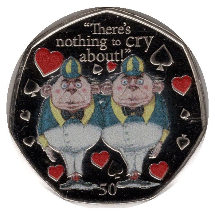 Isle of Man 50 Pence - Elizabeth II Tweedle Dee and Tweedle Dum; colourised reverse