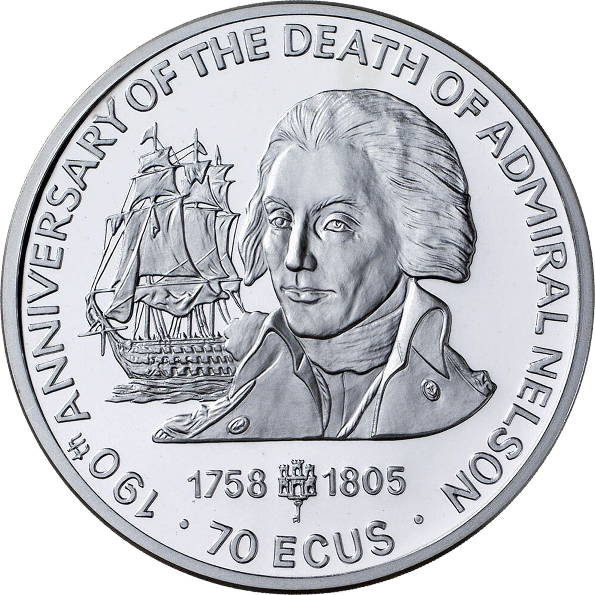 Gibraltar 70 ECUs - Elizabeth II Nelson and HMS Victory