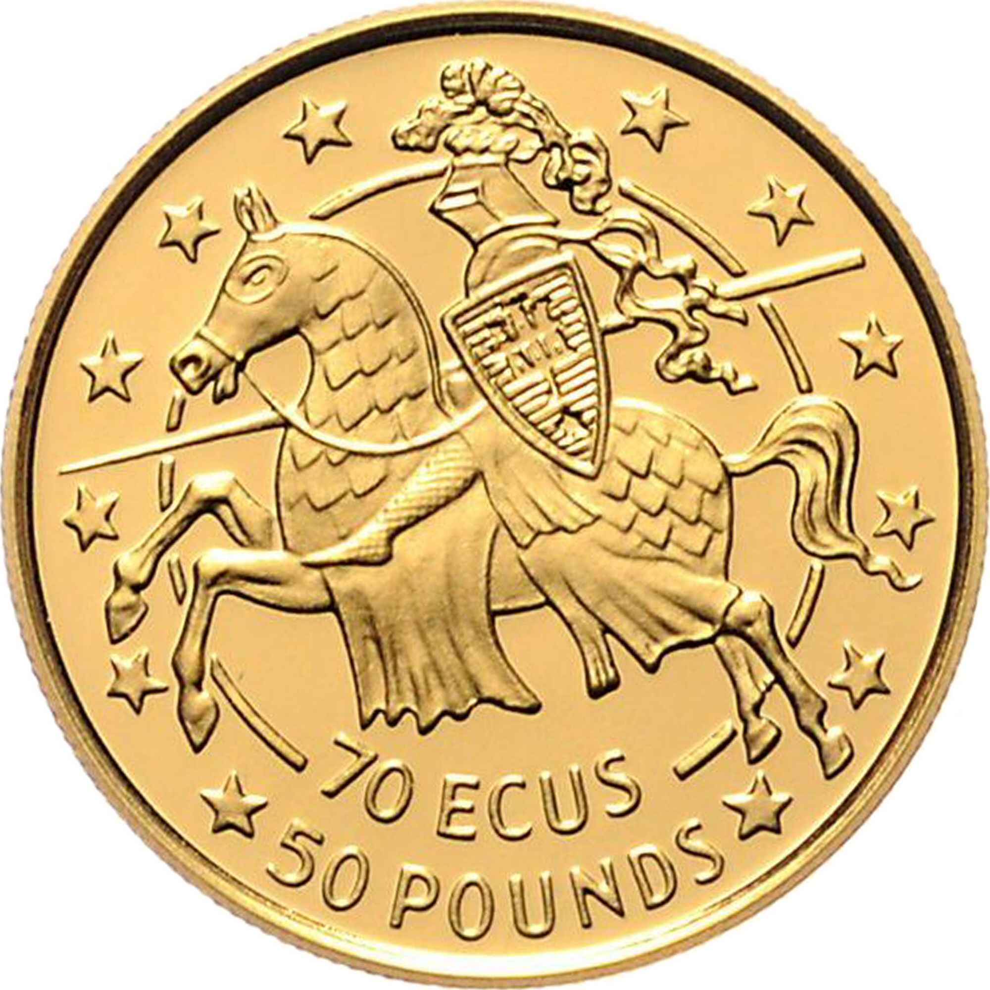 Gibraltar 70 ECUs / 50 Pounds - Elizabeth II Charlemagne, facing left, gold .9999 reverse