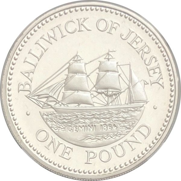 Jersey 1 Pound - Elizabeth II Barque, Gemini; Silver Proof reverse