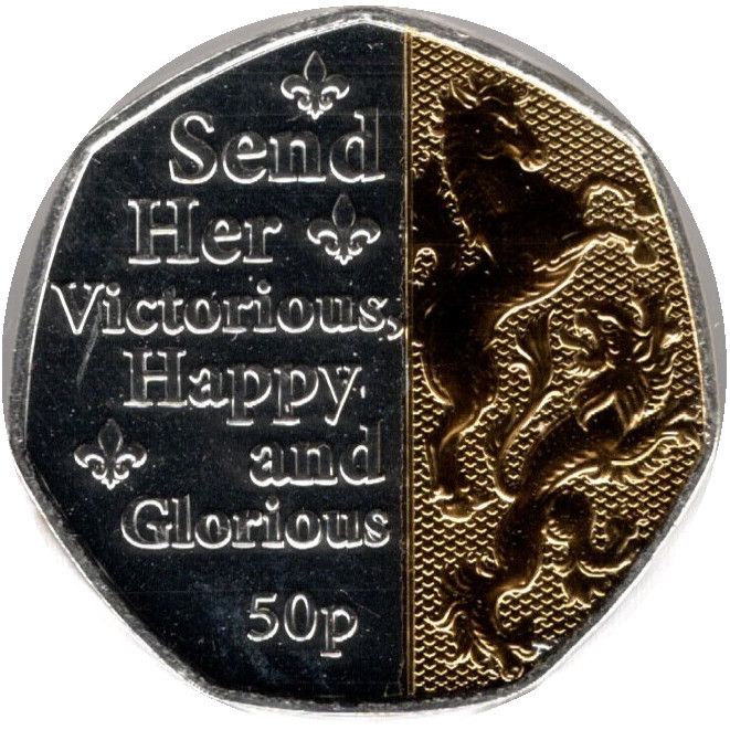 Isle of Man 50 Pence - Elizabeth II Platinum Jubilee - Send Her Victorious; Silver and Gold plated reverse