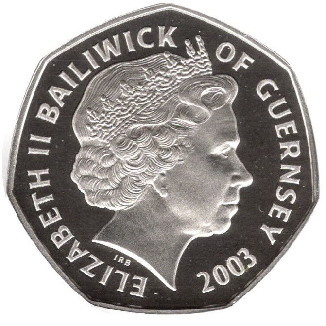 Guernsey 50 Pence - Elizabeth II Coronation Jubilee; Silver proof obverse