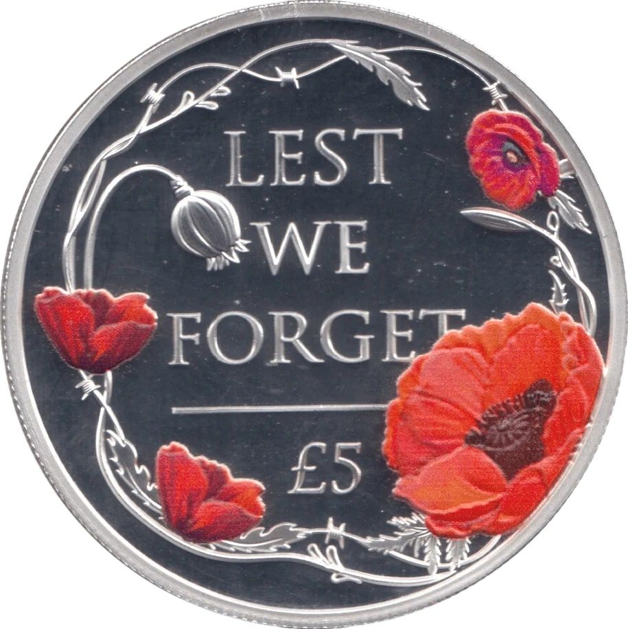 Alderney 5 Pounds - Elizabeth II Remembrance Day; Silver reverse