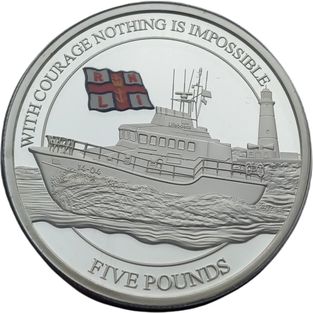 Alderney 5 Pounds - Elizabeth II RNLI; Roy Barker I; Silver Plated Coloured reverse