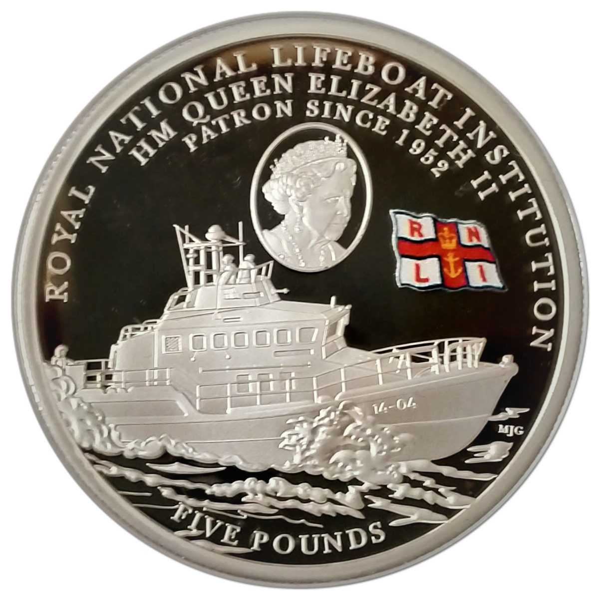 Alderney 5 Pounds - Elizabeth II RNLI; Roy Barker I and Queen; Silver plated coloured reverse