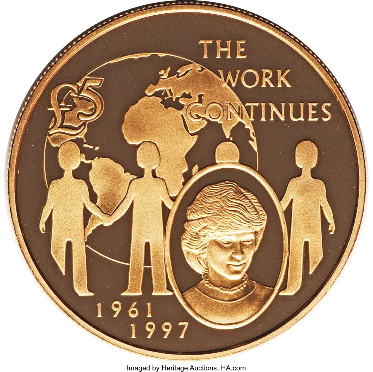 Guernsey 5 Pounds - Elizabeth II The Work Continues; Gold Proof reverse