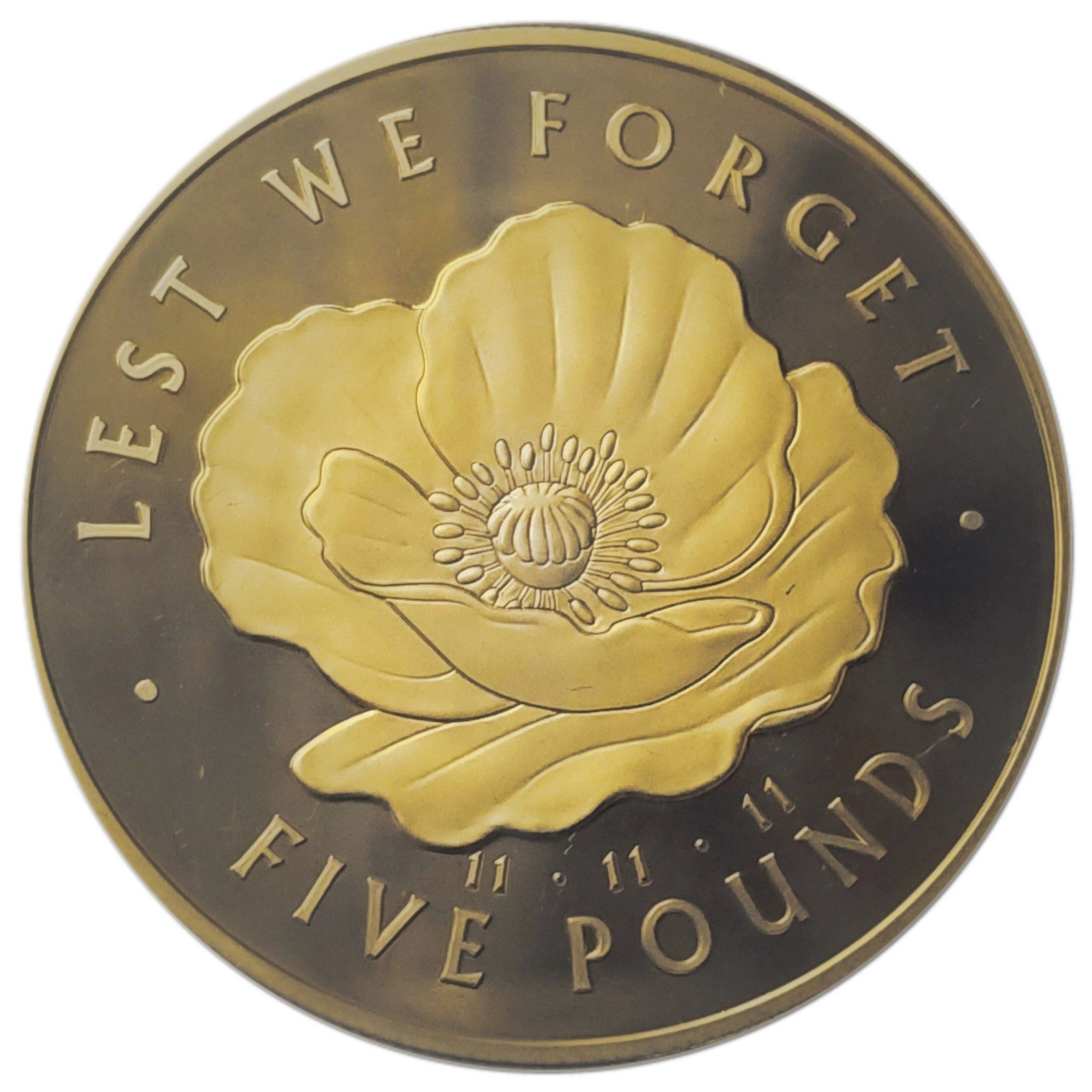 Tristan da Cunha 5 Pounds - Elizabeth II Remembrance Day; Gold Plated reverse