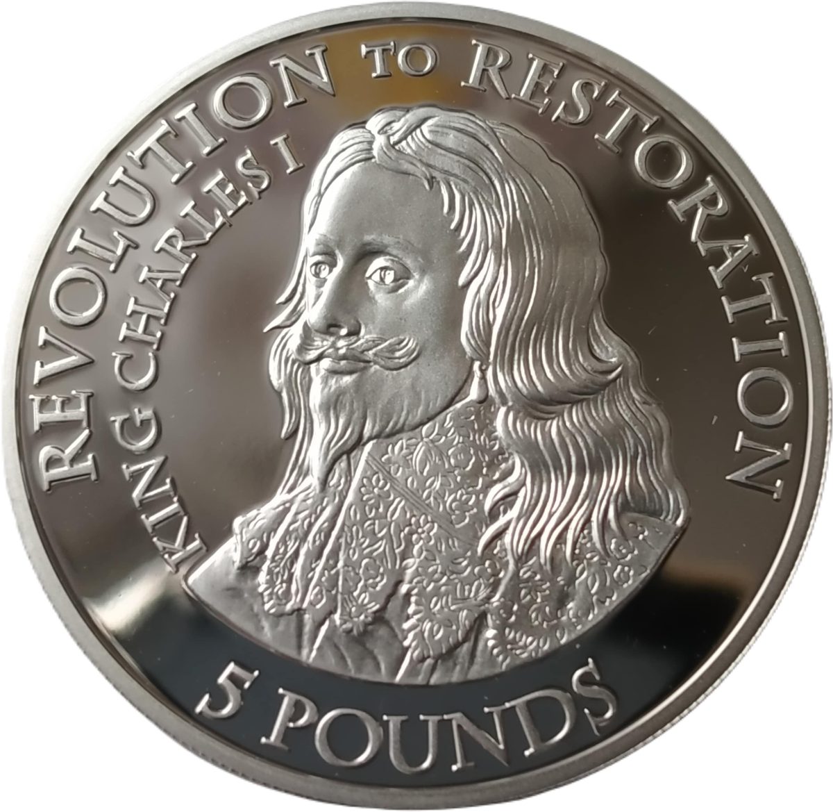 Jersey 5 Pounds - Elizabeth II Revolution to Restoration - King Charles I reverse