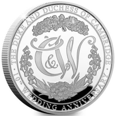 Isle of Man 10 Pounds - Elizabeth II Duke and Duchess of Cambridge 10th Wedding Anniversary