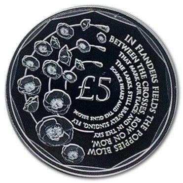 Alderney 5 Pounds - Elizabeth II Remembrance Day; Silver Plated reverse