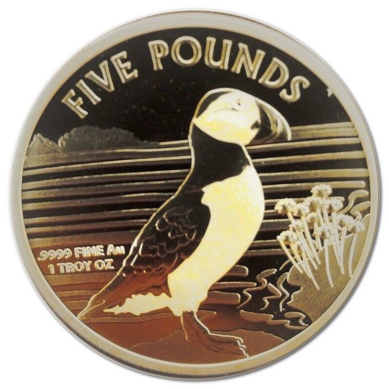 Alderney 5 Pounds - Elizabeth II Puffin; Gold Bullion reverse