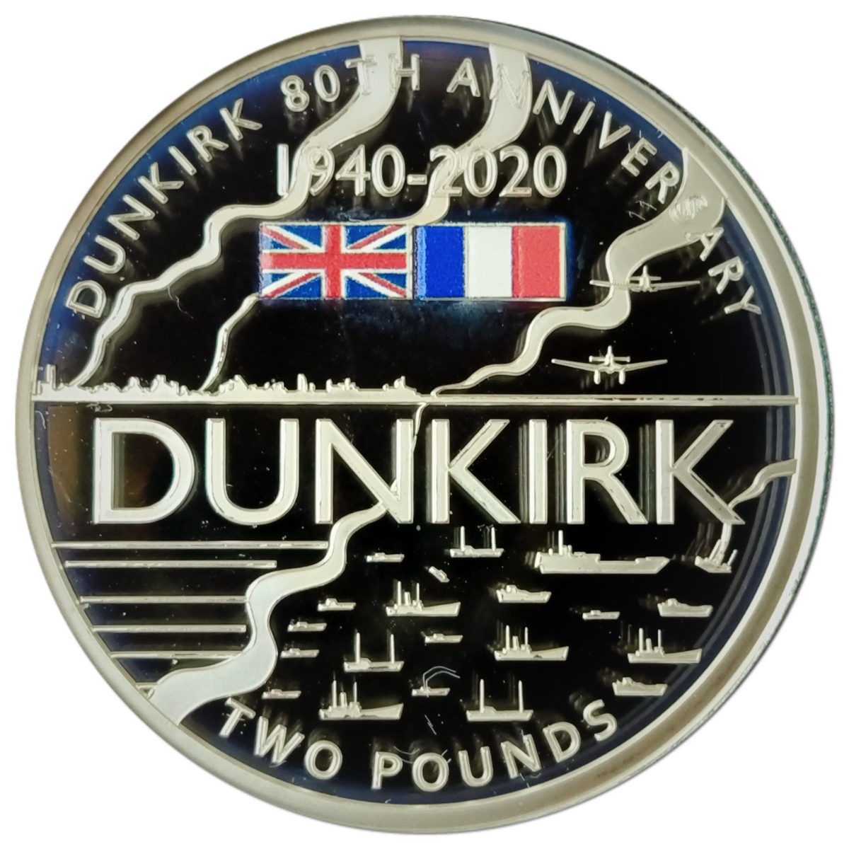 Alderney 2 Pounds - Elizabeth II Dunkirk Evacuation; Silver Proof reverse