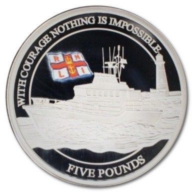 Alderney 5 Pounds - Elizabeth II RNLI; Roy Barker I; Silver Triple Thickness reverse