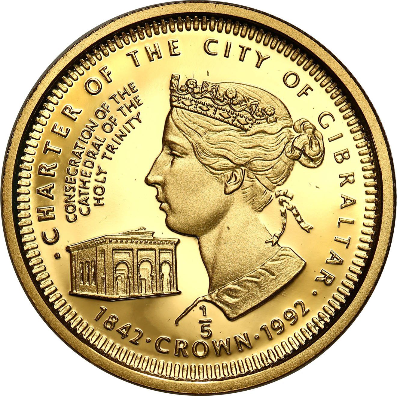 Gibraltar ⅕ Crown - Elizabeth II Gibraltar City Charter; Gold Proof reverse