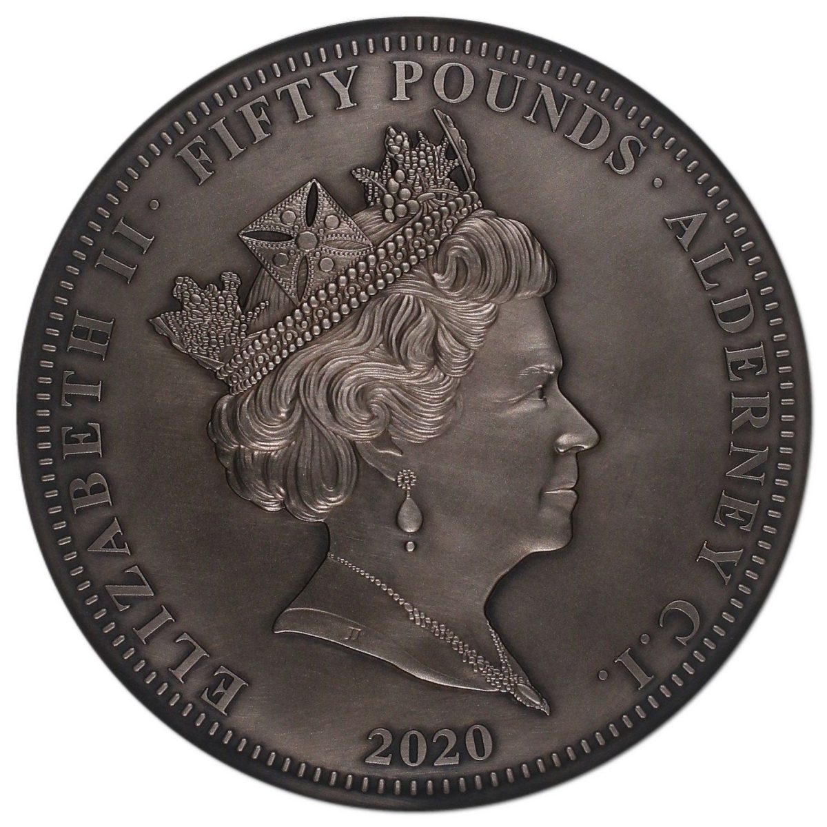 Alderney 50 Pounds - Elizabeth II Three Graces; Silver 10oz obverse