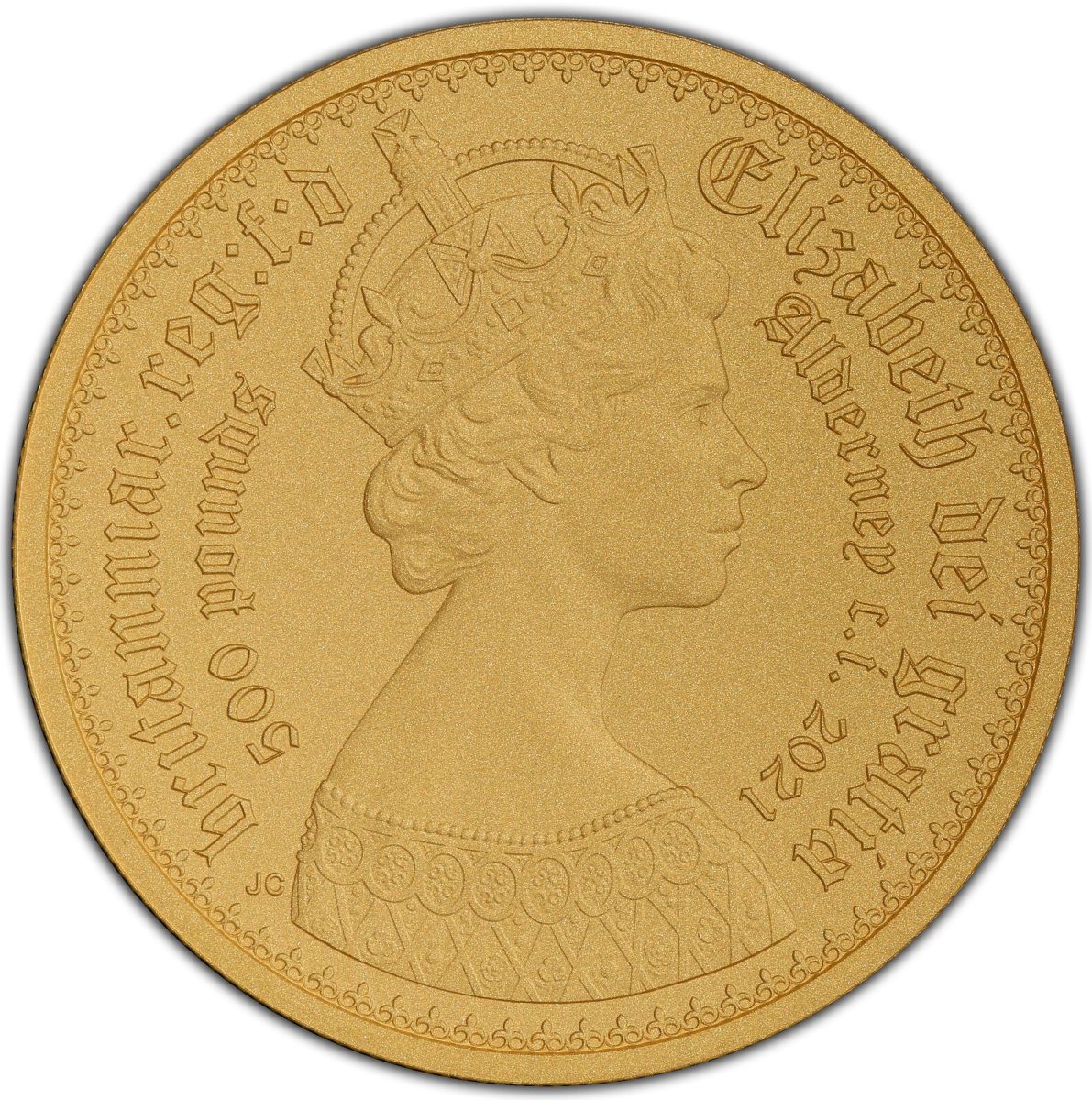 Alderney 500 Pounds - Elizabeth II Gothic - Portrait; Gold obverse