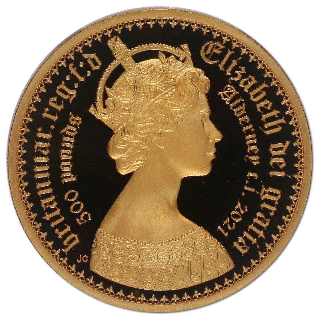 Alderney 500 Pounds - Elizabeth II Gothic - Quartered Arms; Gold obverse
