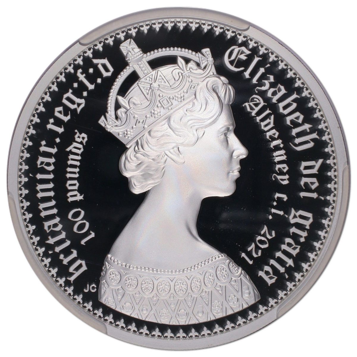 Alderney 100 Pounds - Elizabeth II Gothic - Quartered Arms obverse