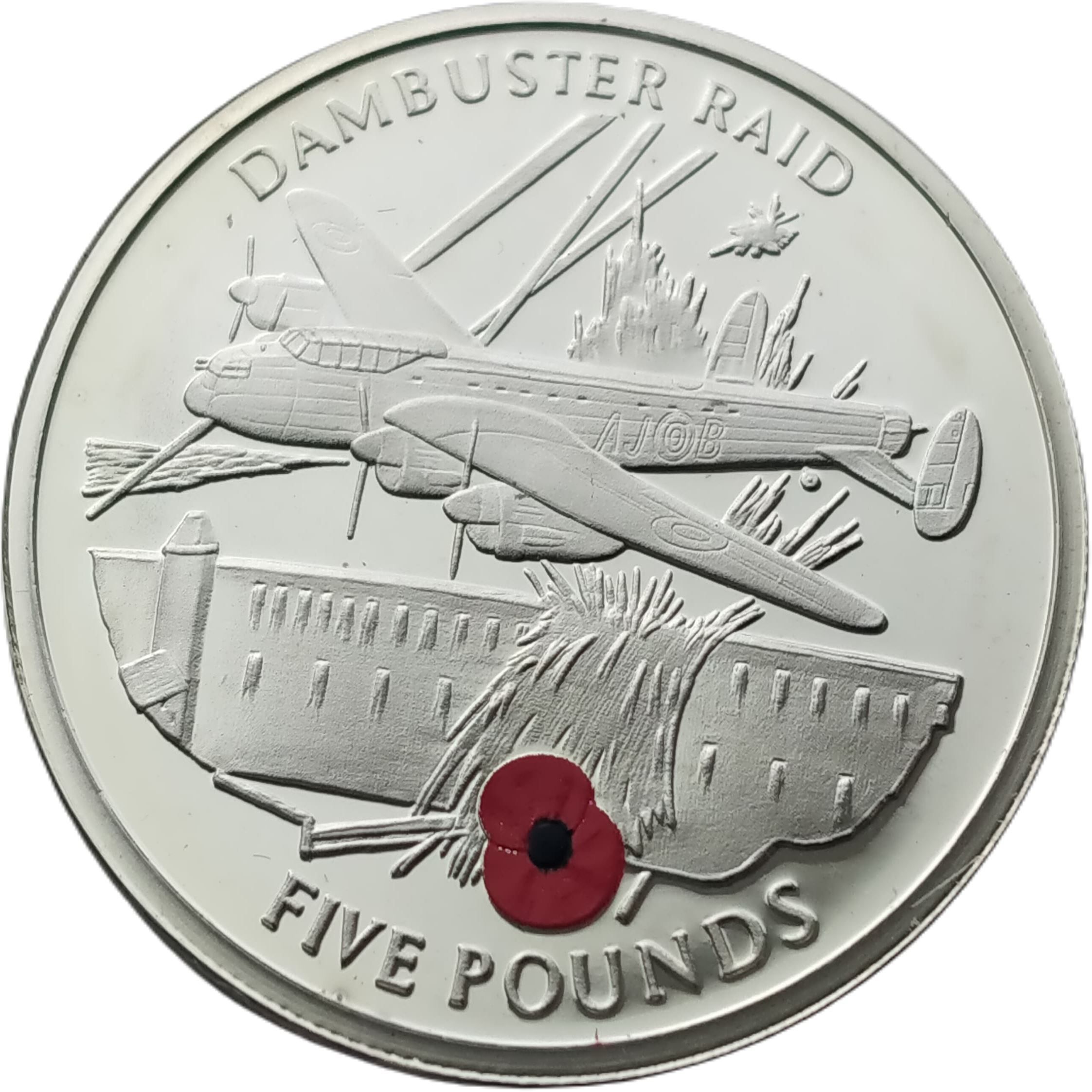 Gibraltar 5 Pounds - Elizabeth II Dambuster Raid reverse