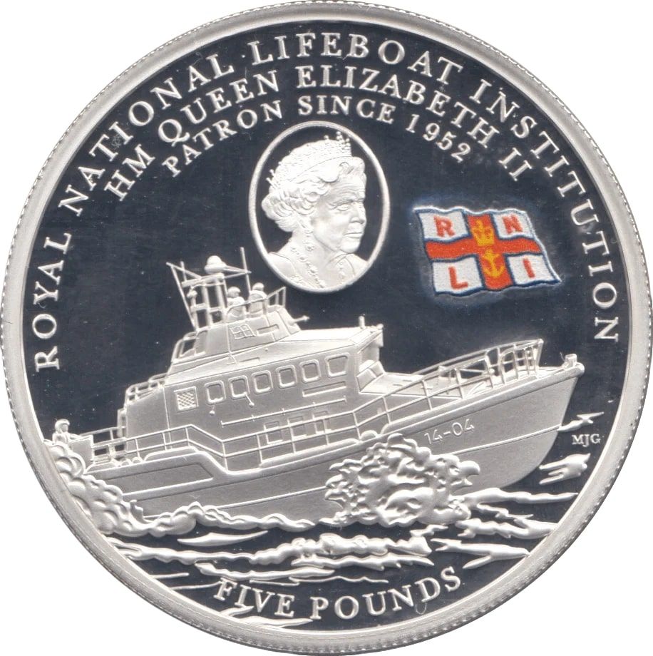 Alderney 5 Pounds - Elizabeth II RNLI - Roy Barker I and Queen; Silver Proof reverse