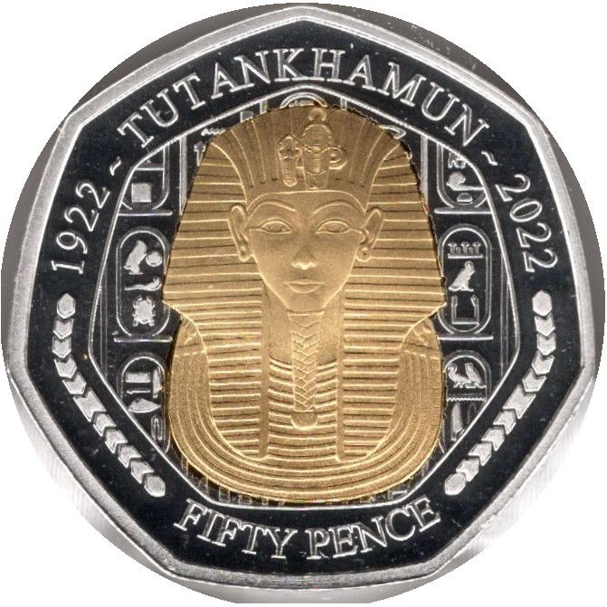 Isle of Man 50 Pence - Charles III Tutankhamun - Death Mask; Silver Proof reverse