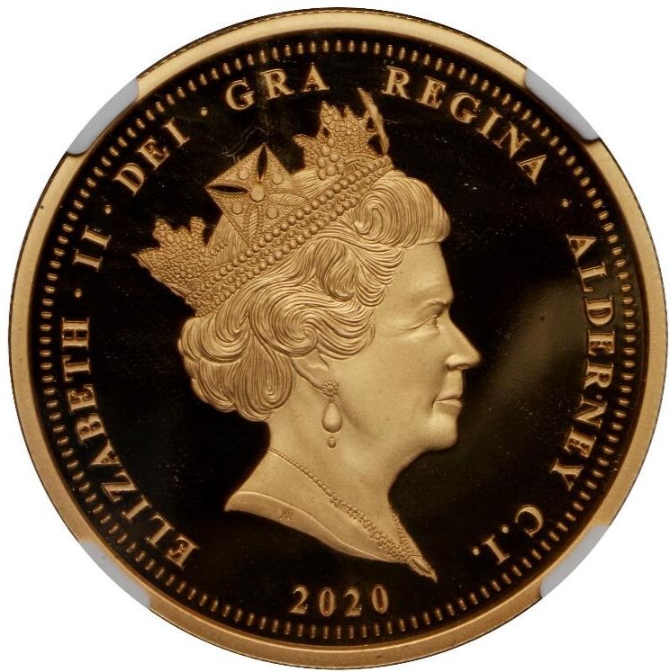 Alderney 5 Pounds - Elizabeth II VE Day obverse