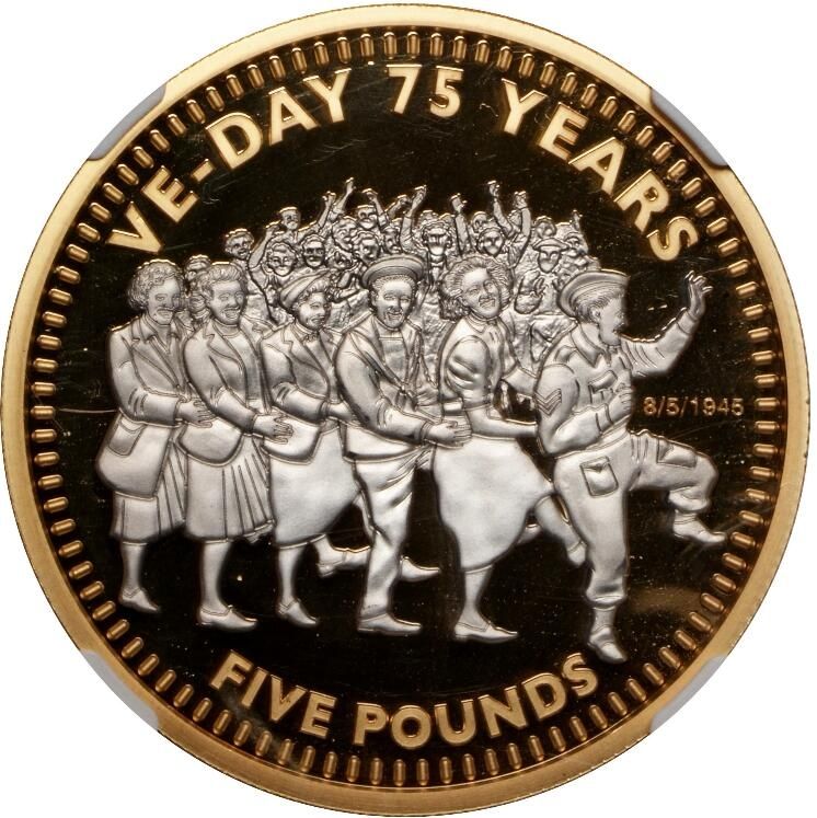 Alderney 5 Pounds - Elizabeth II VE Day reverse
