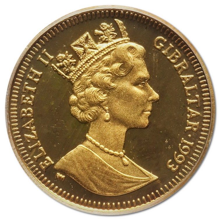 Gibraltar ⅕ Crown - Elizabeth II Japanese Royal Wedding - Peacocks in profil obverse