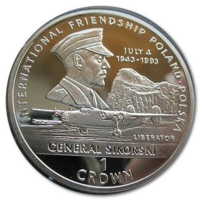 Gibraltar 1 Crown - Elizabeth II General Sikorski; Silver Proof reverse