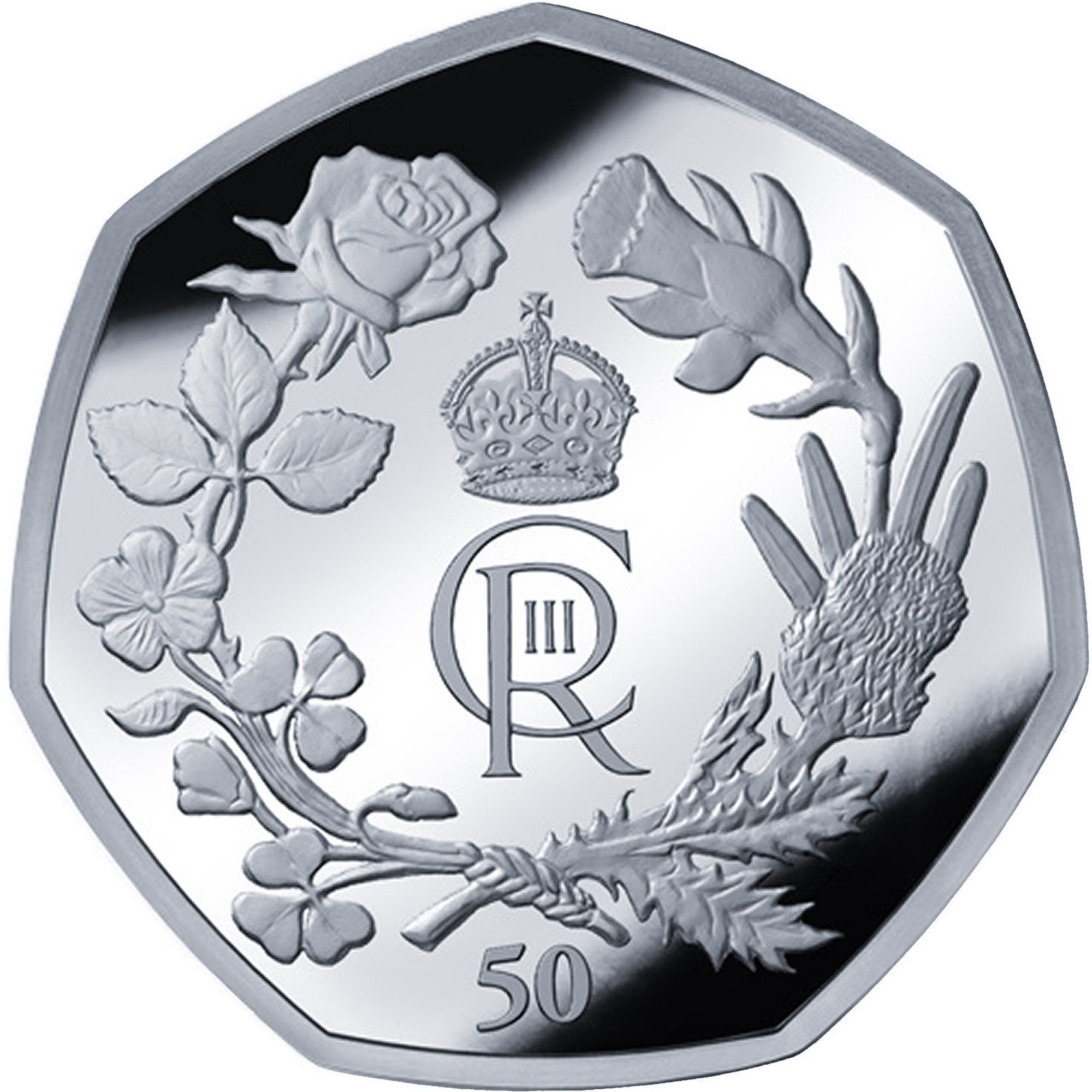 British Antarctic Territory 50 Pence - Charles III Royal cypher; Silver reverse