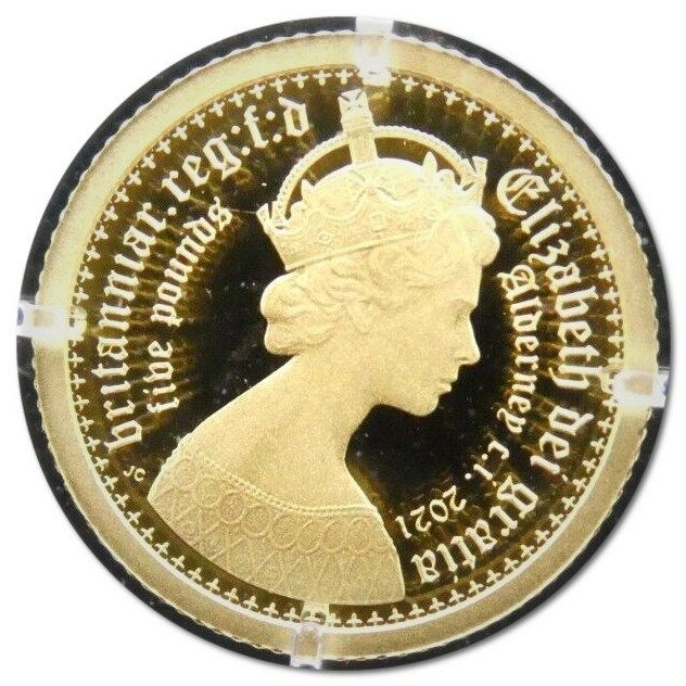 Alderney 5 Pounds - Elizabeth II Gothic - Quartered Arms; Half Gram Gold obverse