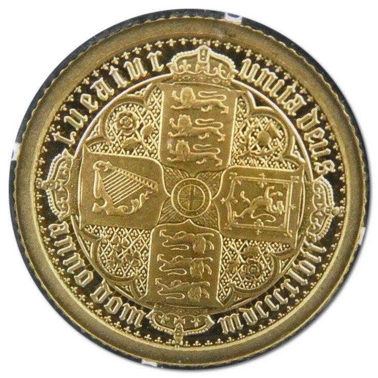 Alderney 5 Pounds - Elizabeth II Gothic - Quartered Arms; Half Gram Gold reverse